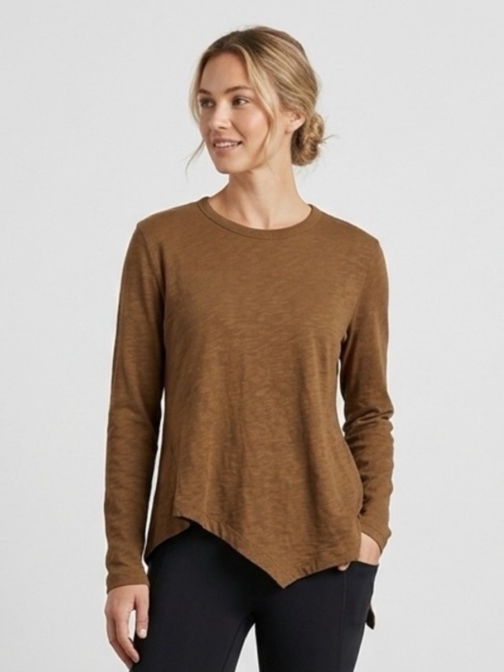Wilt Mustard Brown Cotton Long-Sleeve Asymmetrical Hem Top. Large.